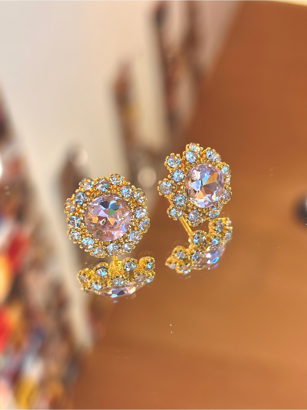 New S925 Silver Post Pink Round Crystal Sunflower Stud Earrings